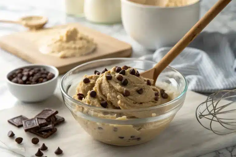 Bowl of chocolate chip edible cookie dough close-up