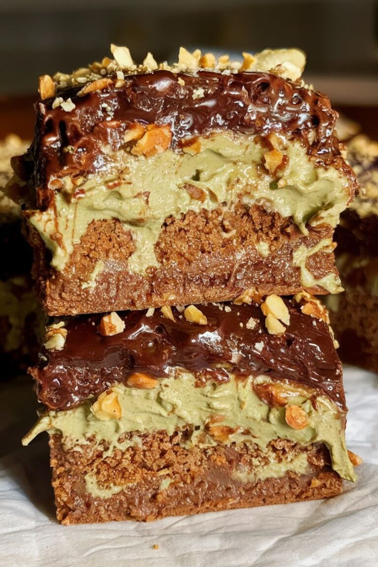 Dubai chocolate chip cookie bars stacked on a wooden board with pistachio and chocolate layers