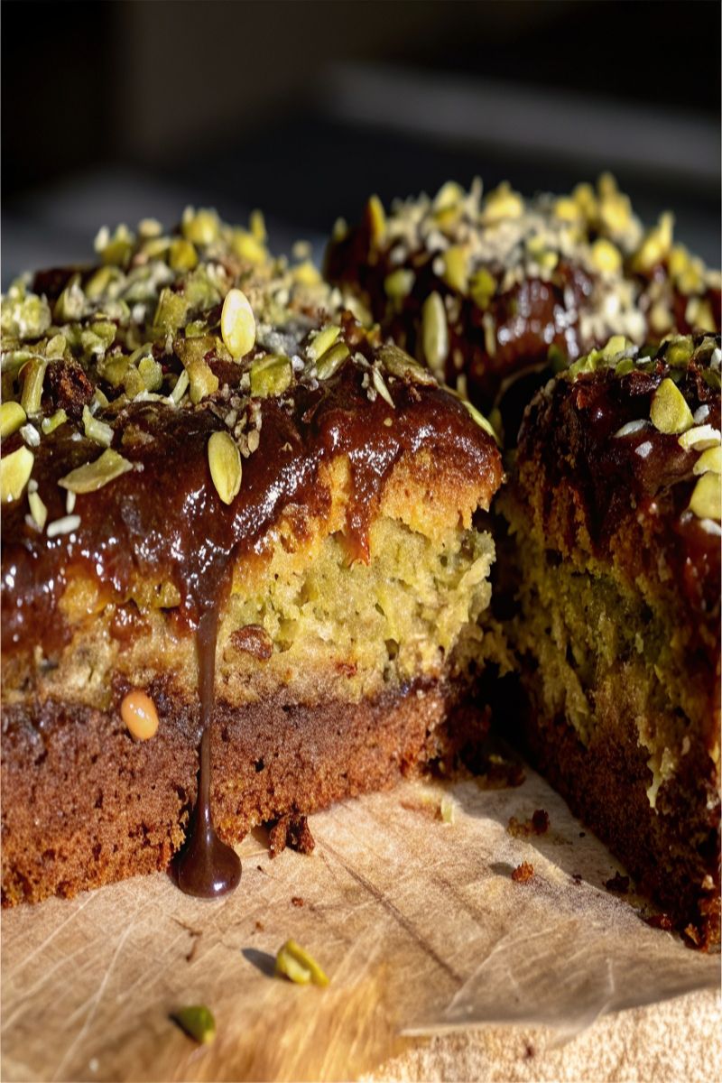 dubai-chocolate-chip-cookie-bars-layers Dubai chocolate chip cookie bars sliced to show layers of cookie dough, pistachio kataifi, and chocolate ganache