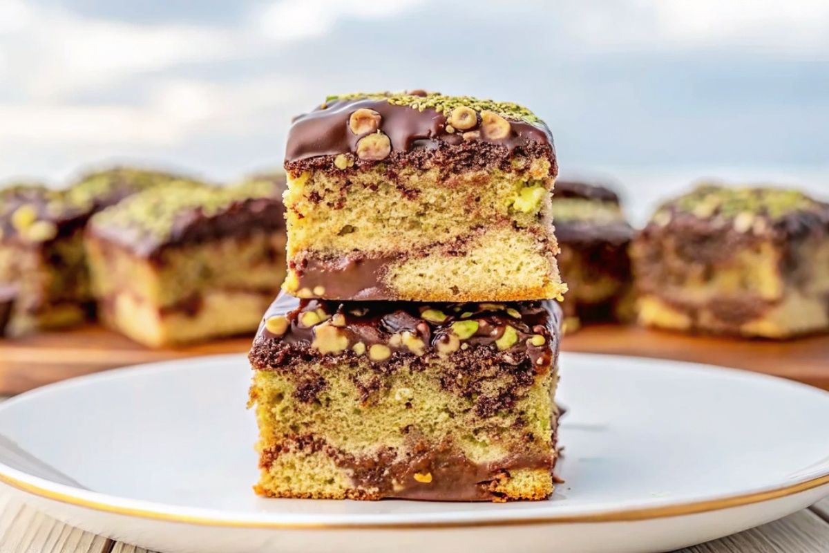 dubai-chocolate-chip-cookie-bars-stacked Stacked Dubai chocolate chip cookie bars with pistachio cream and chocolate on a white plate