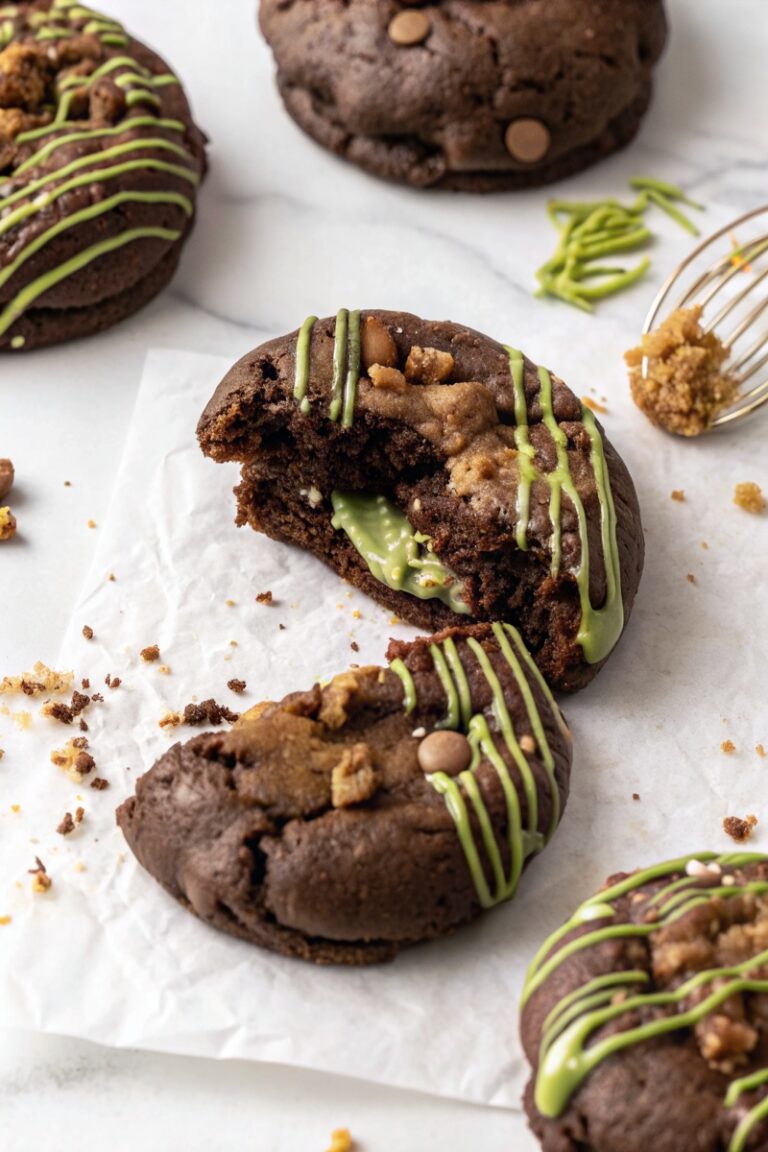 Close-up of a Dubai chocolate cookie broken open with creamy pistachio filling and chocolate chips