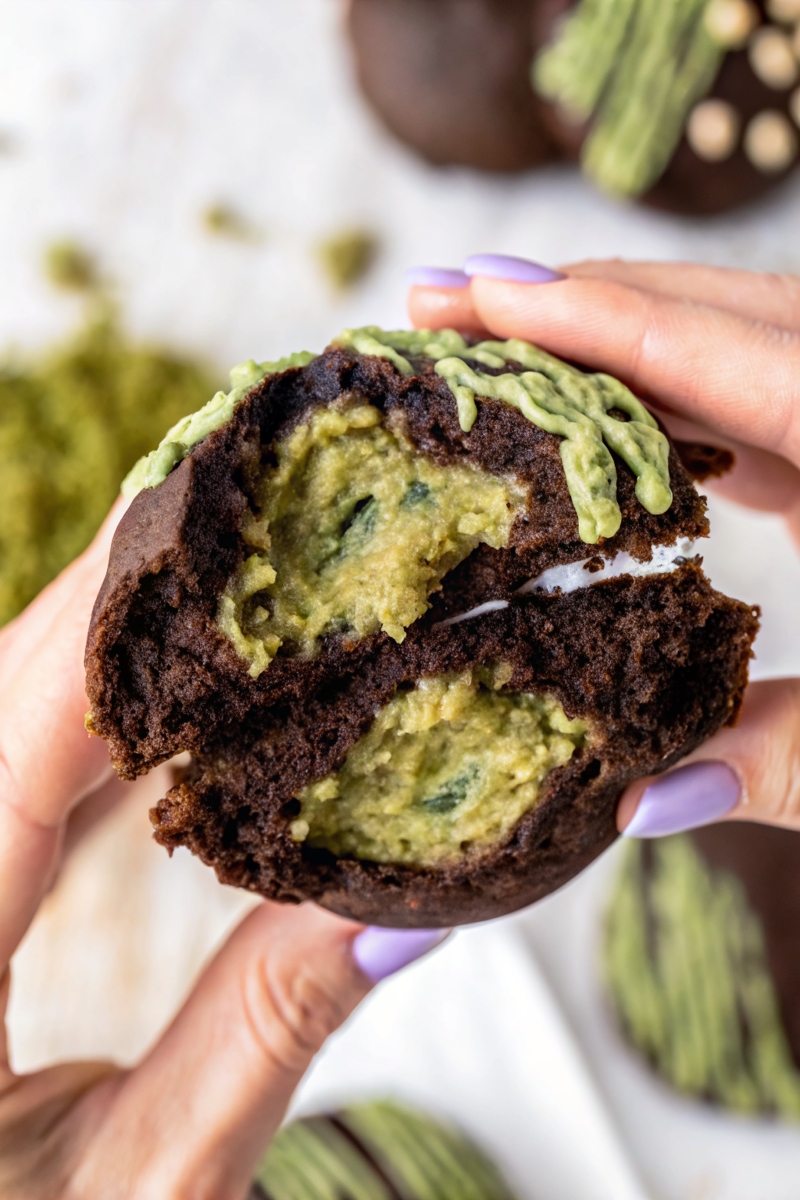 dubai-chocolate-cookie-pistachio-filling Dubai chocolate cookie broken in half with gooey pistachio filling held by hand