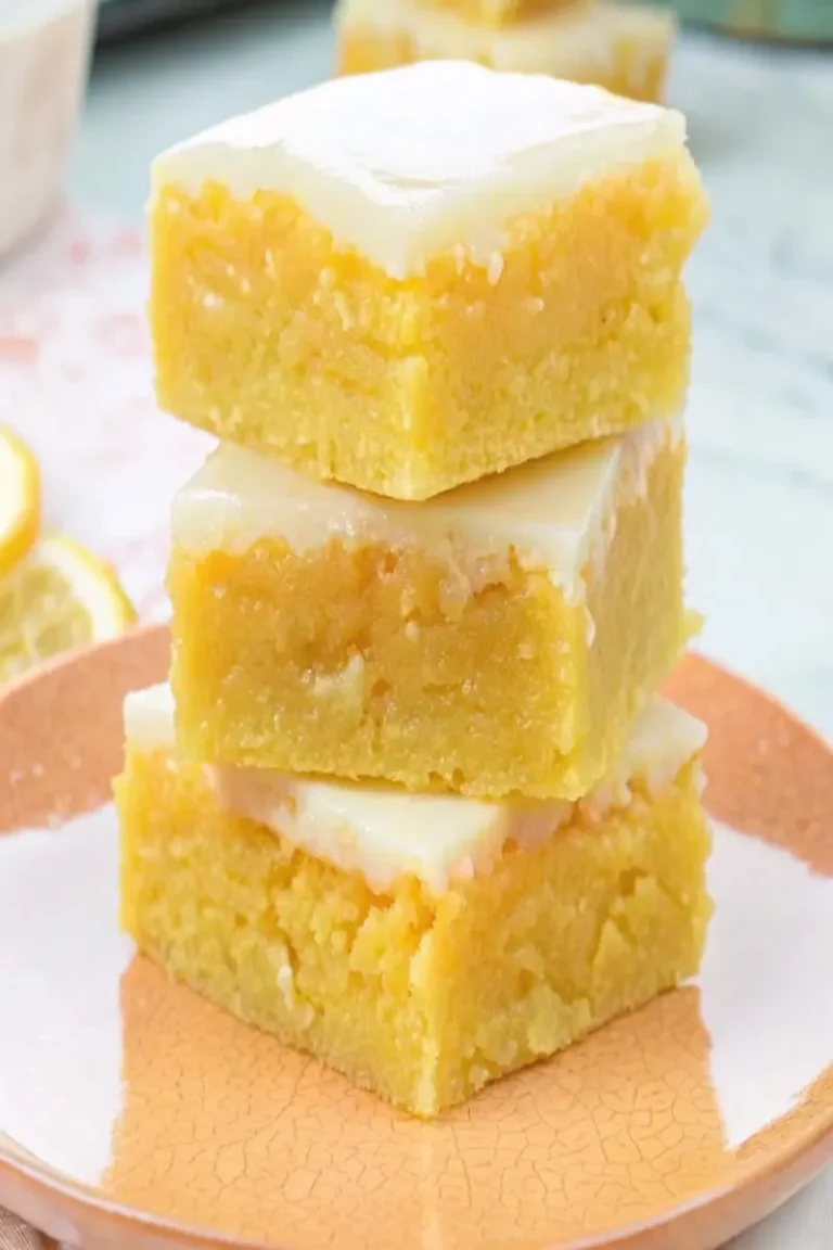 Stacked lemon brownies with glaze on a peach plate